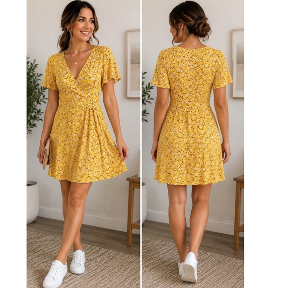 Fensace Dresses & Skirts - Fensace Yellow Floral Faux Wrap Mini Dress Short Flutter Sleeve V-Neck Medium